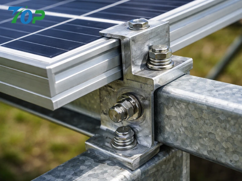 Galvanized steel solar mounting connection with bolts and rails