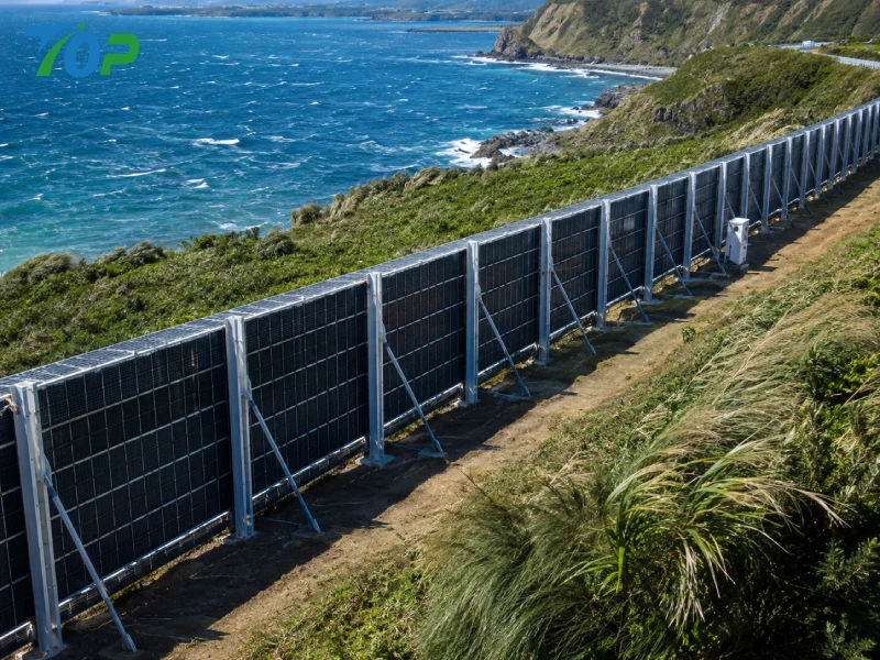reinforced PV fence system installed in coastal high wind environment with deep embedded posts and cross bracing